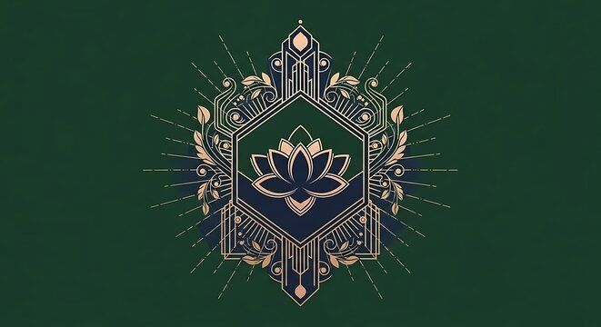 Ornate Gold Lotus Emblem Centered on Dark Green Decorative Background
