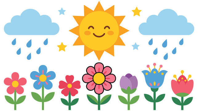 Sun rain clouds and flowers in a cheerful spring scene.