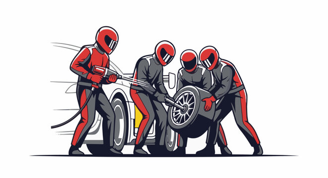 Racing team in synchronized action performs a rapid tire change on a race car
