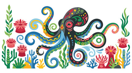 Ornate octopus swimming among underwater coral reef life. © NAZMA