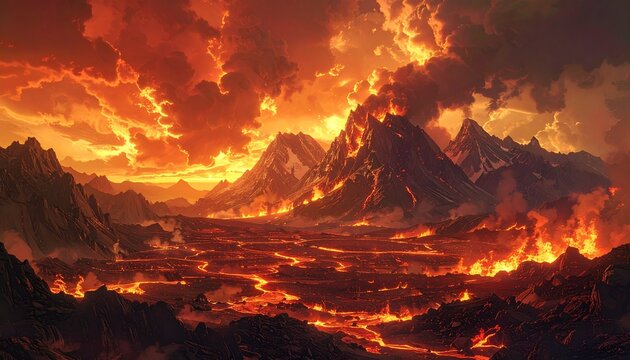 Fiery Landscape - A Volcanic Inferno of Mountains and Lava Flows.
