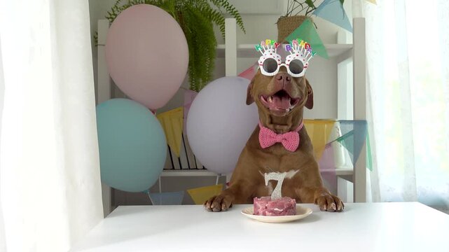 Cute dog with a small cake and candle. Dog smile. Background is decorated with colorful garlands and balloons. Celebratory scene for pet birthday, social media, and veterinary marketing campaigns