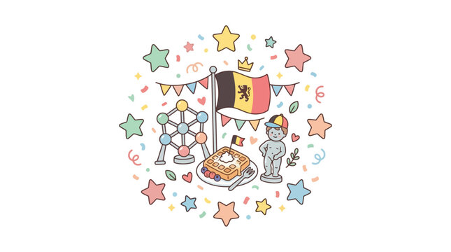 Hand drawn doodle illustration of iconic Belgium symbols including waffle and flag.