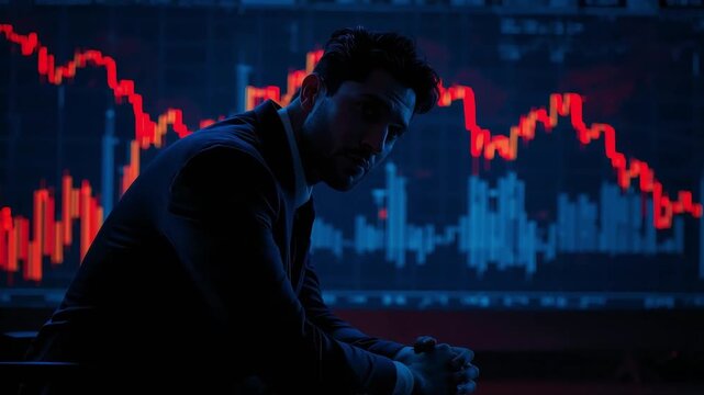 Stressed businessman looking at falling red stock market charts in dark office environment digital video motion graphic background loop