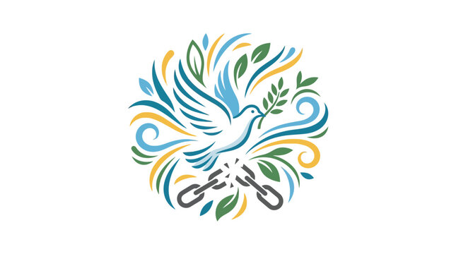 Illustration of a dove with olive branch breaking chains representing freedom and peace.