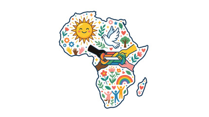 Illustration of African continent with unity symbols and diverse hands 1. © Muh Hasim