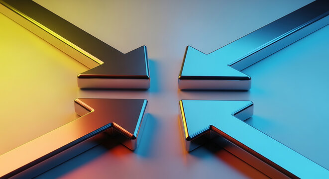 Four metal arrows pointing inward toward center on gradient surface with direction gradient navigation strategy business alignment metallic perspective planning movement convergence