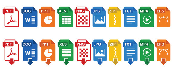 Set of colorful digital file format icons and extensions. © NAZMA