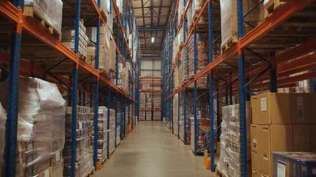Symmetrical View Down a Spacious Warehouse Aisle with Goods Stacked High on Tall Storage Racks