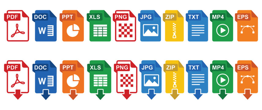 Set of colorful digital file format icons and extensions.