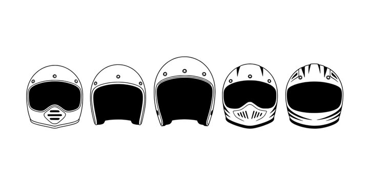 Helmets motorcycle racing set with black visors and white shells featuring protective gear, safety equipment, bike safety with sports equipment and