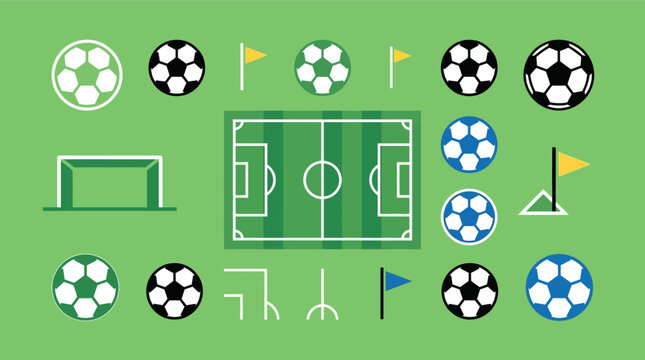 Flat vector illustration collection featuring soccer and football icons including a top-down pitch view, goal posts, corner flags, and various ball designs on a solid green background.