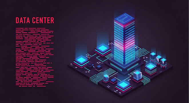 Isometric data center concept with glowing blue server tower and circuit board isometric technology computing infrastructure internet processor connection information electronic hardware