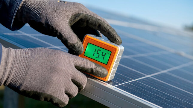 Close-up of skilled technician meticulously performing crucial step in the solar workflow precisely calibrating the angle of photovoltaic panel with digital inclinometer under clear sky