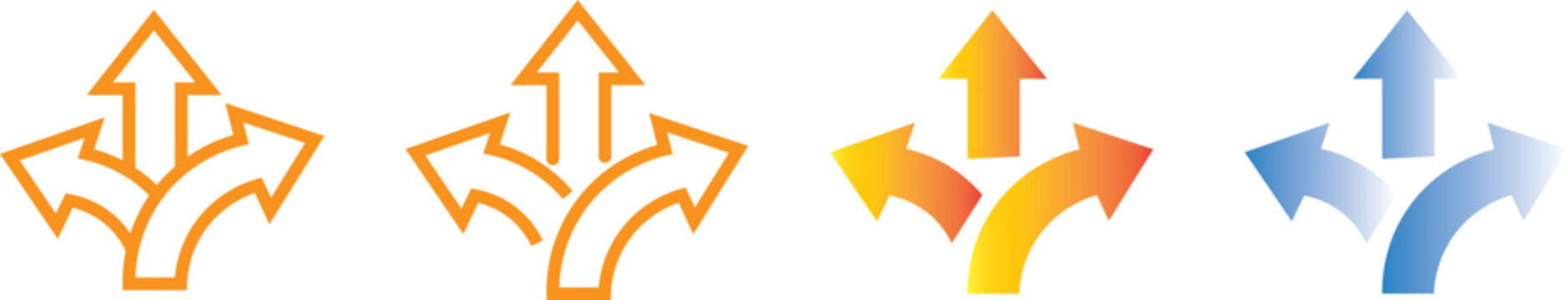 Direction arrow icon with multiple paths. Choice and decision making symbol. Strategy, planning and alternative route .showing three branching paths or choices with direction
Print