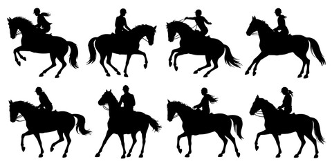 Obraz premium Horse Rider Silhouette Vector Set with Jockey Figures on Black Horses in Dynamic Galloping Poses Featuring Equestrian, Icons, Gallop with Horseback