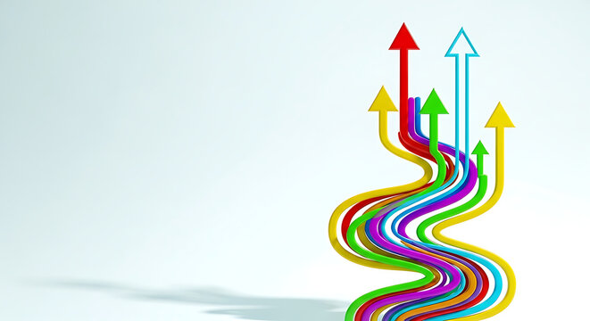Colorful arrows following winding paths towards growth with direction progress business strategy achievement development competition leadership aspiration movement opportunity management