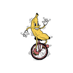 Cartoon banana riding a unicycle and waving. © riiicil