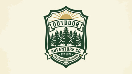 Vintage outdoor adventure logo featuring trees and sun, ideal for camping and wilderness themes © Payu