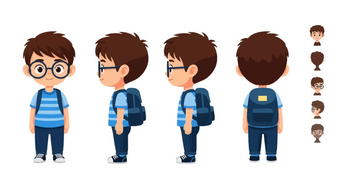 Vector illustration of a cartoon boy character sheet with glasses, brown hair, blue striped shirt, and backpack shown from front, side, and back views on a white background.