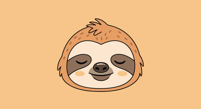 Adorable character illustration shows the smiling face of a sleepy sloth with closed eyes and rosy cheeks on a light orange background.