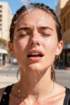 Urban evaporative cooling and hydration reality concept with exhausted young Australian woman in heatwave portrait.
