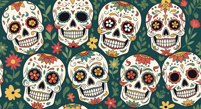 Traditional Mexican day of the dead pattern showcases intricately decorated sugar skulls surrounded by colorful flowers and green leaves.