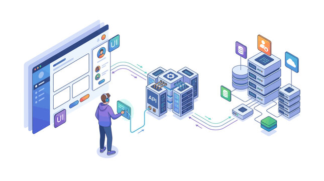 Isometric vector illustration of a developer interacting with a UI dashboard connected through an API to database servers and cloud storage, showcasing system architecture.