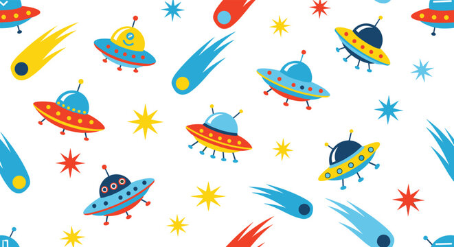 Vibrant outer space seamless pattern decorated with colorful ufo spaceships, glowing comets and twinkling stars on a plain white surface.