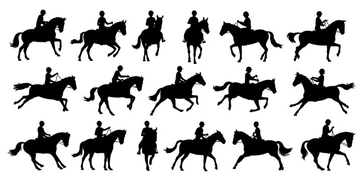 Horses Silhouette Set with Riders in Various Poses and Styles Featuring Equestrian, Riding, Black with Vector and Collection Elements for Sport,
