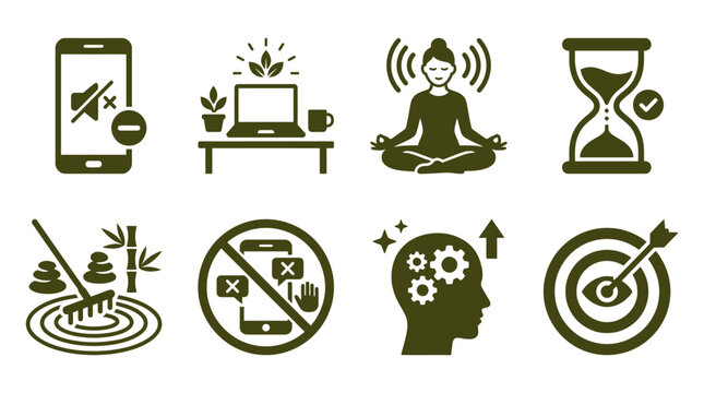 Set of mindfulness and productivity mental wellness icons.