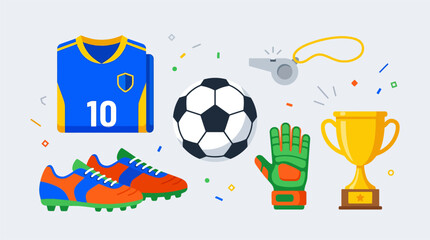 Soccer elements in cartoon doodle style. Sports equipment, soccer ball, sport uniform, soccer shoes, ball, soccer field. Sport stickers, labels, icons © Bagus