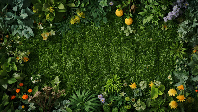 Lush Greenery Border with Organic Texture and Citrus Fruits