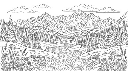 Mountain landscape with river and pine trees. © NAZMA