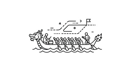 Dragon boat with team of rowers line art illustration. © lindah