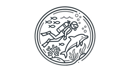 Scuba diver with dolphin underwater circular line art. © lindah