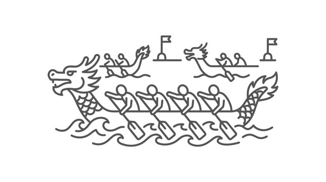 Dragon boat racing team rowers line icon.