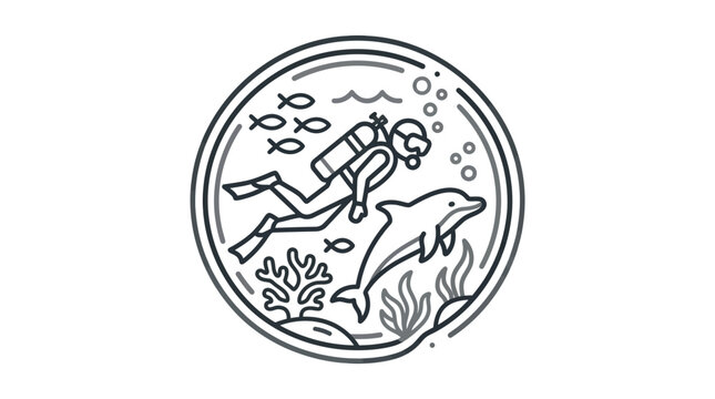 Scuba diver with dolphin underwater circular line art.