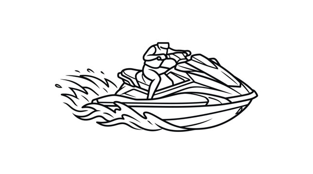 Person riding a jet ski on ocean waves line art.