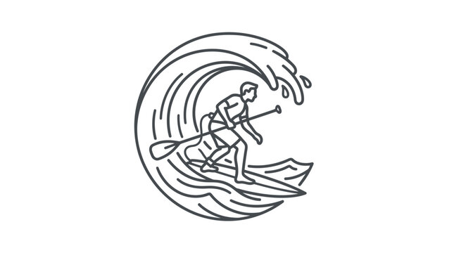 Surfer riding large breaking wave minimalist line art illustration.