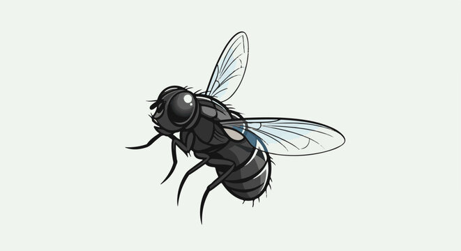 A cartoon illustration of a black fly with transparent wings and bulging eyes