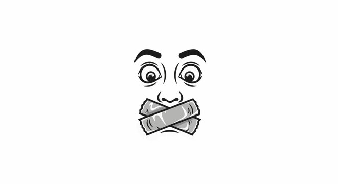 Cartoon face with wide eyes and taped mouth, symbolizing silence or suppressed speech