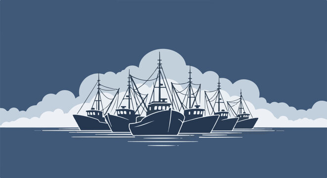 Silhouetted fishing trawlers navigate calm waters under a cloudy sky
