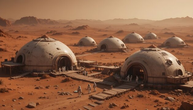 Human colony on Mars with futuristic domes, advanced technology, astronauts and scientists working together, red desert landscape, cinematic sci-fi realism.
