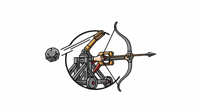 Cartoon medieval catapult firing stone, a hand aims a bow and arrow