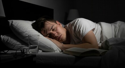 Fototapeta premium A Young Man Embraces Deep Sleep In A Darkened Room After Reading A Book