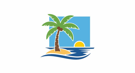 Fototapeta premium A stylized tropical island scene with a palm tree, sandy beach, ocean waves, and setting sun under a blue sky