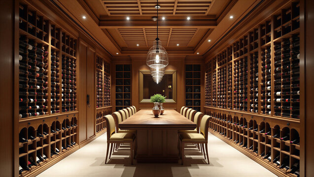 Luxury Wine Cellar Interior With Elegant Wooden Storage Racks and Tasting Table