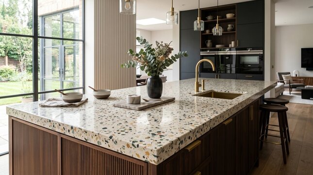 A modern kitchen and dining room interior in a luxury contemporary apartment features stylish wood furniture, a sleek granite sink, and a large window illuminating the decor