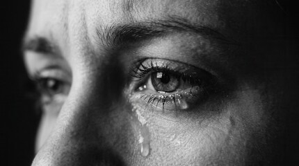 Fototapeta premium A Person's Face Showing Emotional Pain with Tears Flowing, Black and White, Dramatic